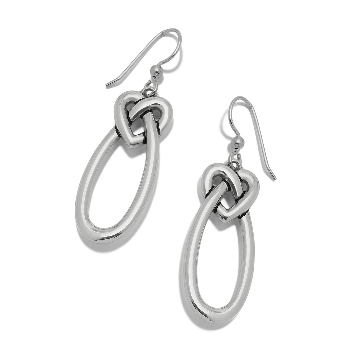 Silver plated Interlok Linked Hearts French Wire Earrings with oval drop design.