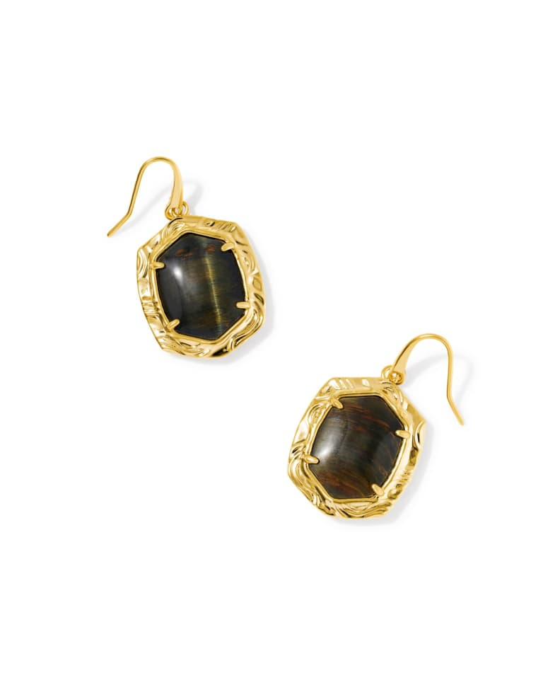 Tiger Striped Daphne Drop Gold Earrings with etched metal detailing and dark tiger striped stones.