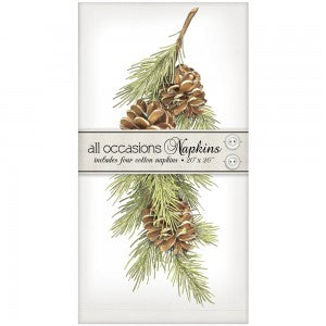 Four white cotton napkins with decorative graphics in a sealed bag.