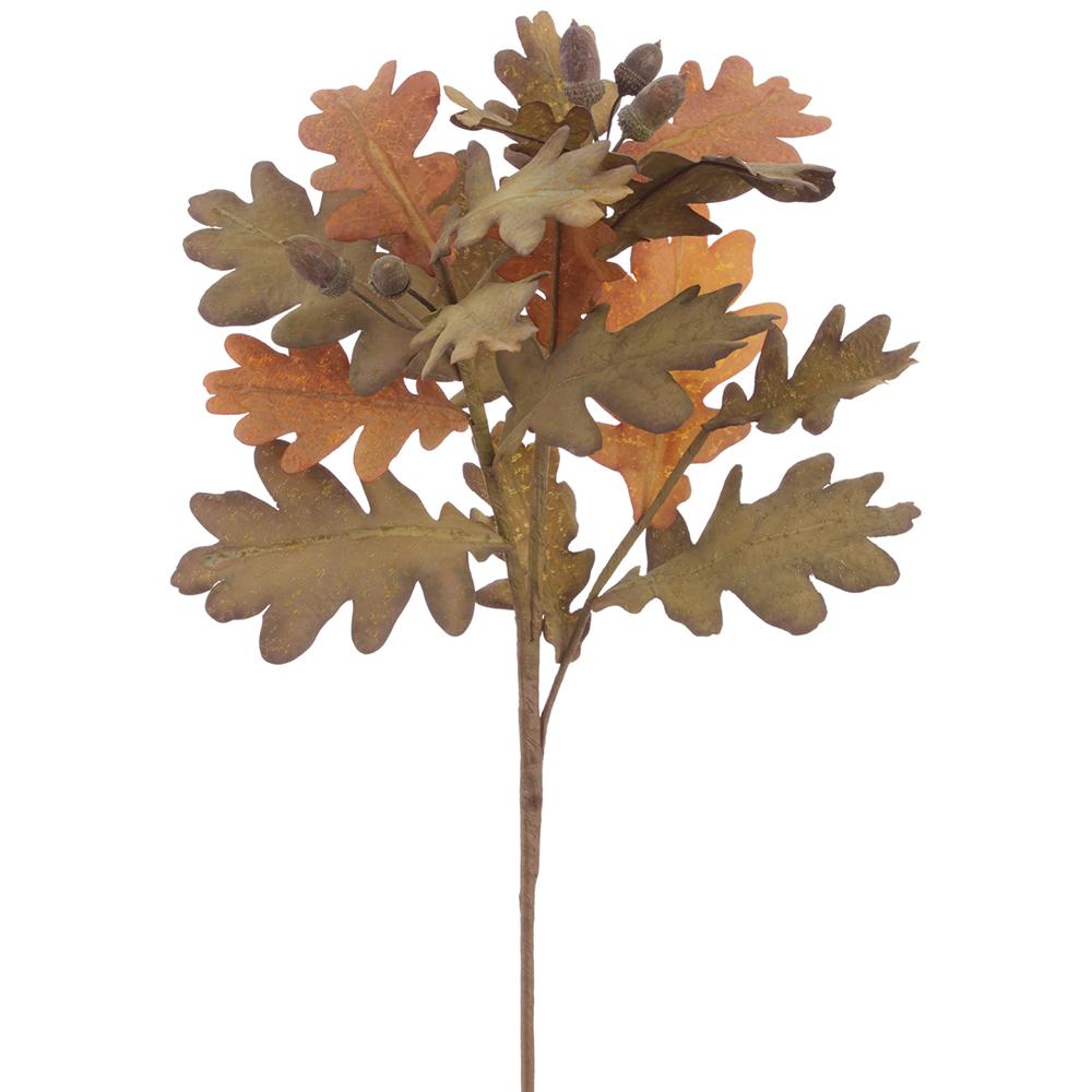 24-inch oak leaf spray with brown and green polyester leaves and small acorns on a wire stem.