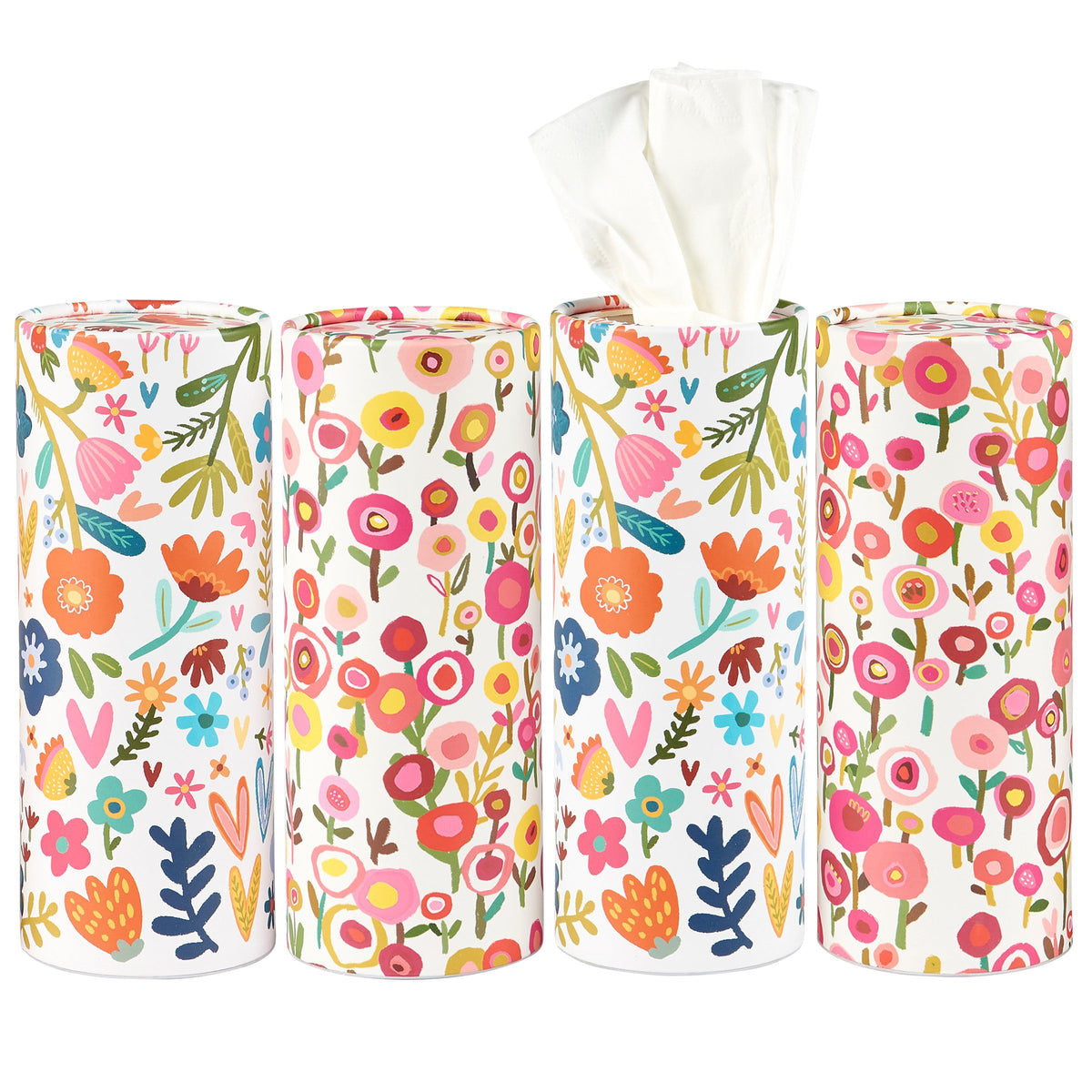 Floral tissue box with a pink floral paper exterior holding white facial tissues.