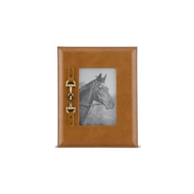Tan faux leather photo frame featuring a gold horse bit accent and a black and white horse photo.