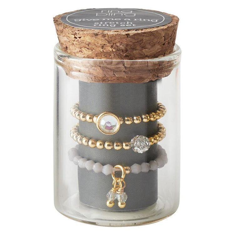 Brass stretch ring set with glass jar packaging