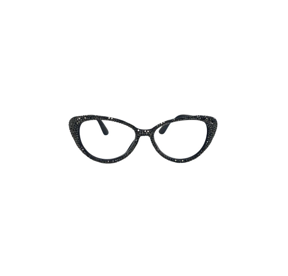 Black cat-eye reading glasses embellished with shimmering black rhinestones.