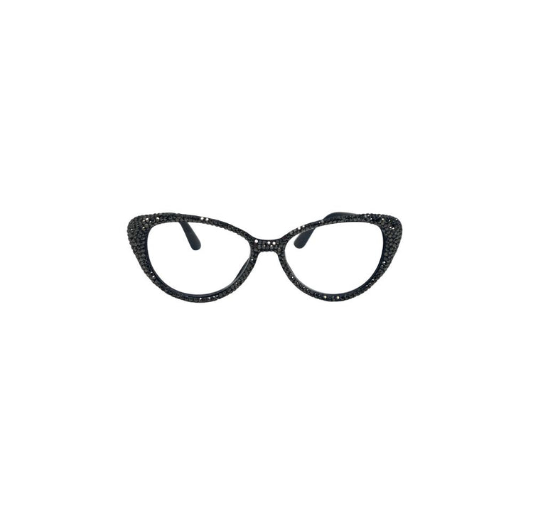 Black cat-eye reading glasses embellished with shimmering black rhinestones.