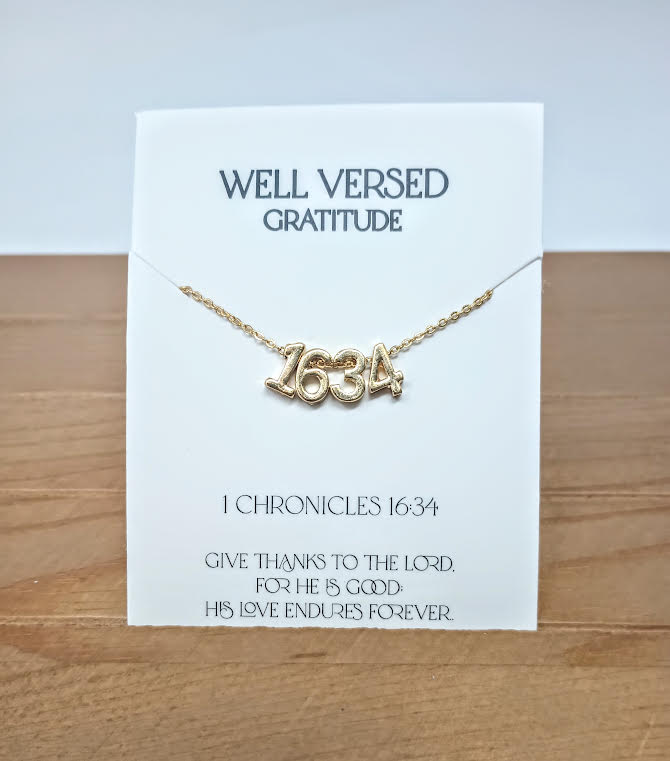 Gold plate necklace with verse number pendant on a 15-inch chain.
