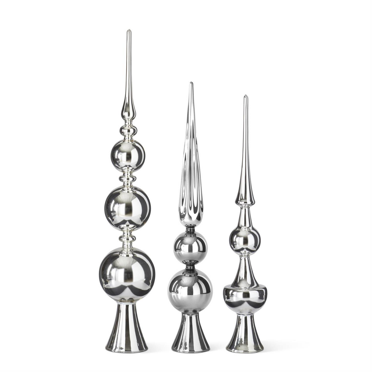 Three silver glass finial tree toppers in graduated sizes with reflective finishes.