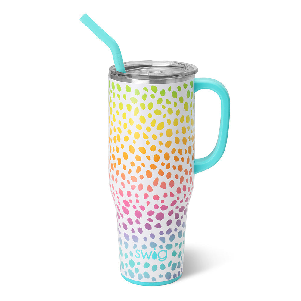 40oz Mega Mug in black with a comfort-grip handle, flexi-tip straw, and silicone base.