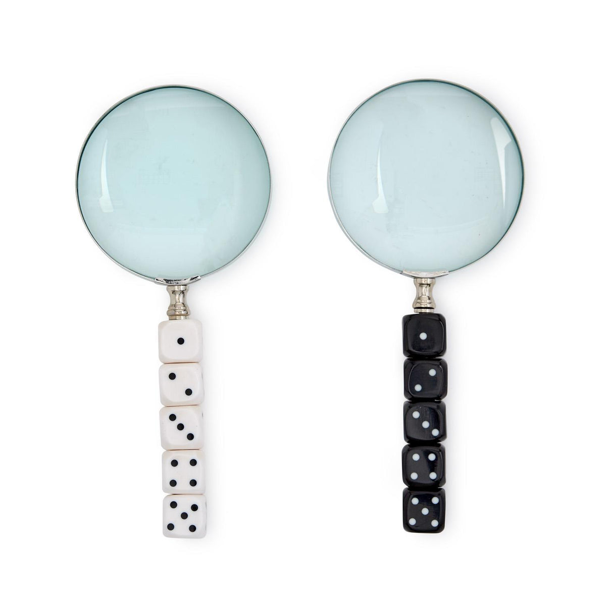 Two magnifying glasses with dice-shaped handles in white and black, sold individually.