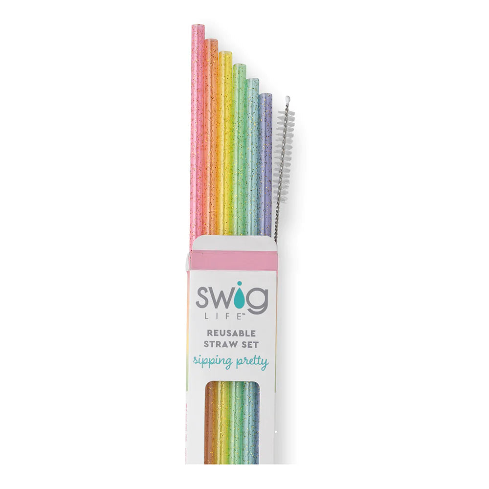 Reusable straw set with four printed straws, two solid color straws, and a cleaning brush in BPA-free plastic.