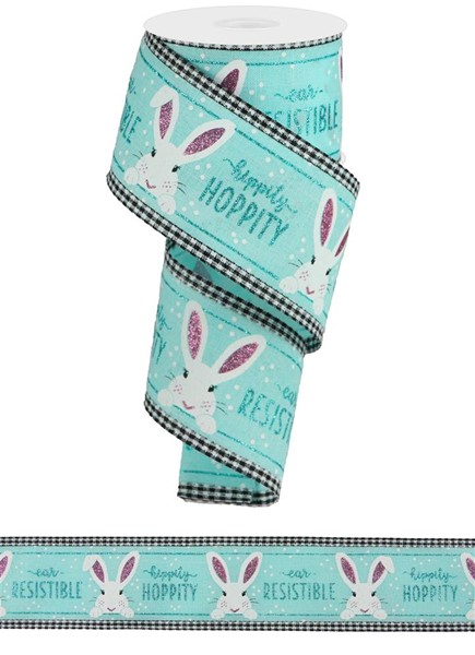 Ice blue gingham edge ribbon with peeking bunny motif on white polyester background