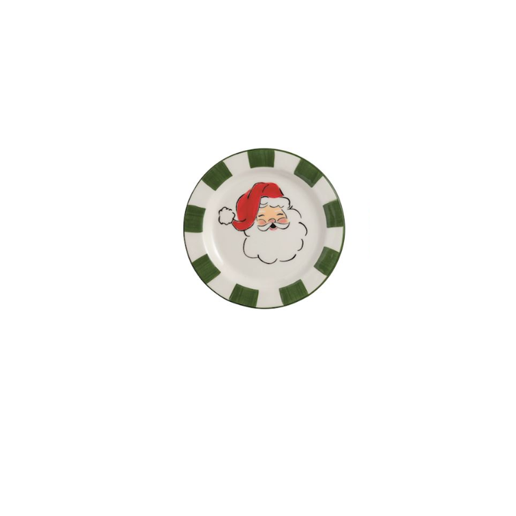 Hand-painted ceramic Santa Claus tidbit plate with a green and white striped rim.