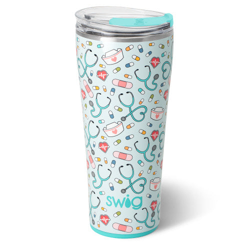 Light blue 32oz stainless steel tumbler with a medical-themed pattern of stethoscopes and hearts.