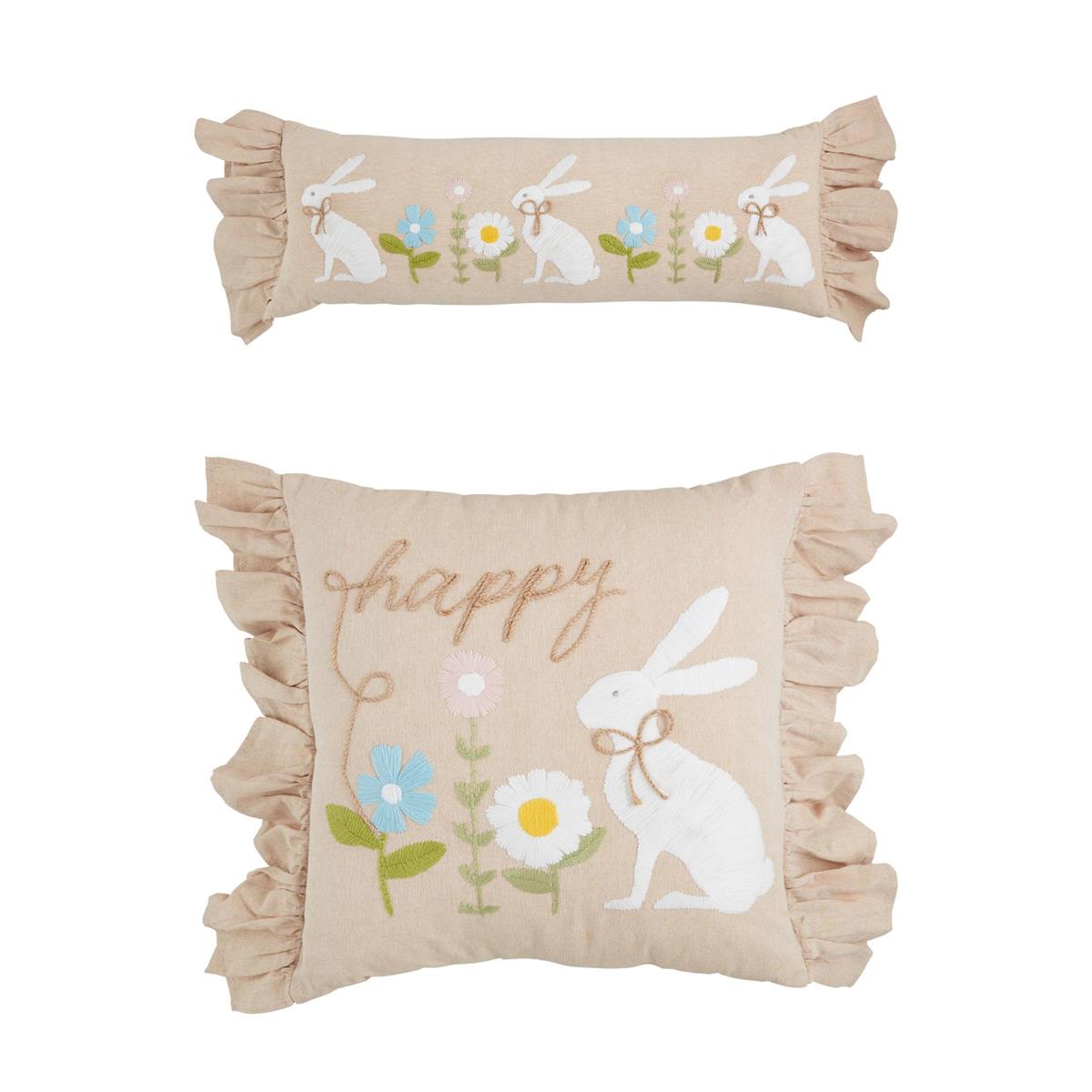 Chambray embroidered pillow with a bunny face on the front.