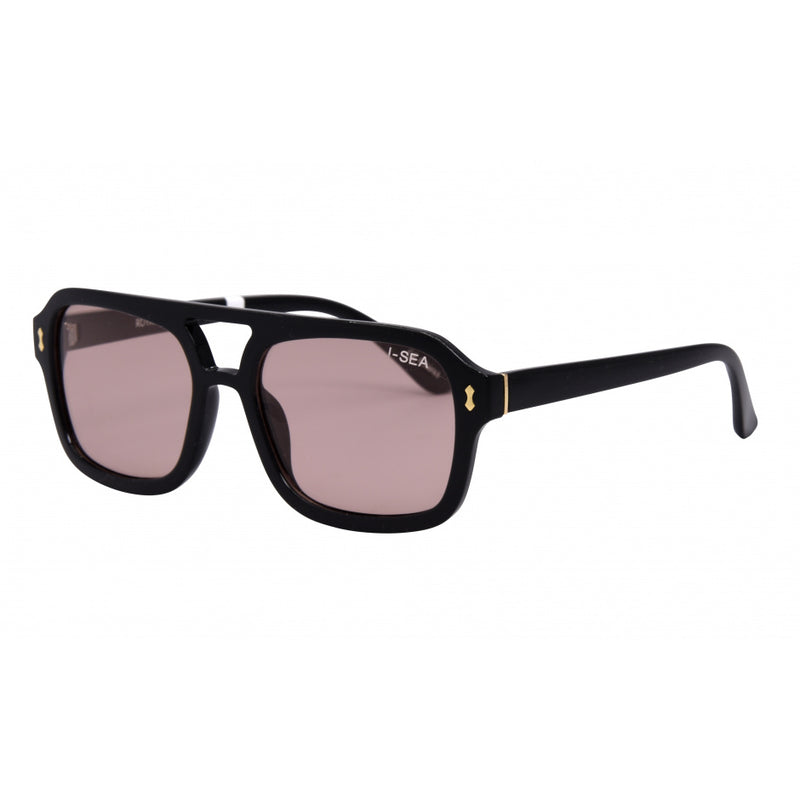 Black square sunglasses with peach lenses and gold accents on the temples.