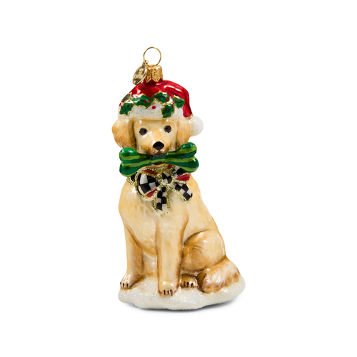 Holiday Golden Retriever glass ornament wearing a Santa hat and holding a green bone.