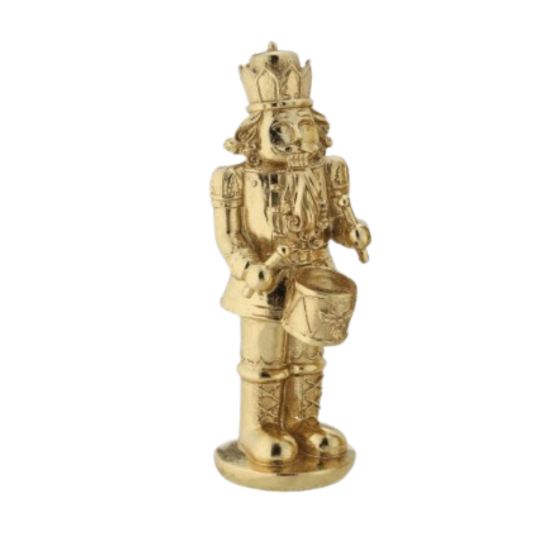 12-inch gold resin nutcracker figurine wearing a crown and playing a drum.