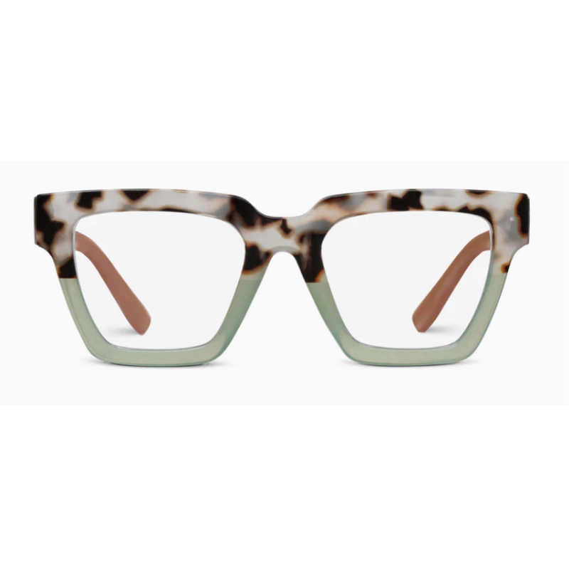 Take a Bow Progressives glasses with square tortoise shell and translucent green frames.