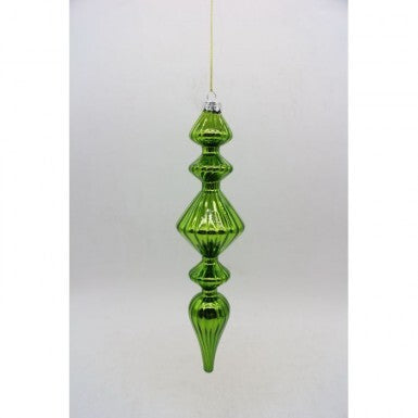 Shiny glass finial ornament with a reflective finish.