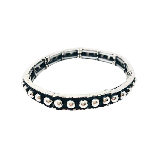 Western silver metal stretch bracelet featuring a row of raised bubble beads on a black background.