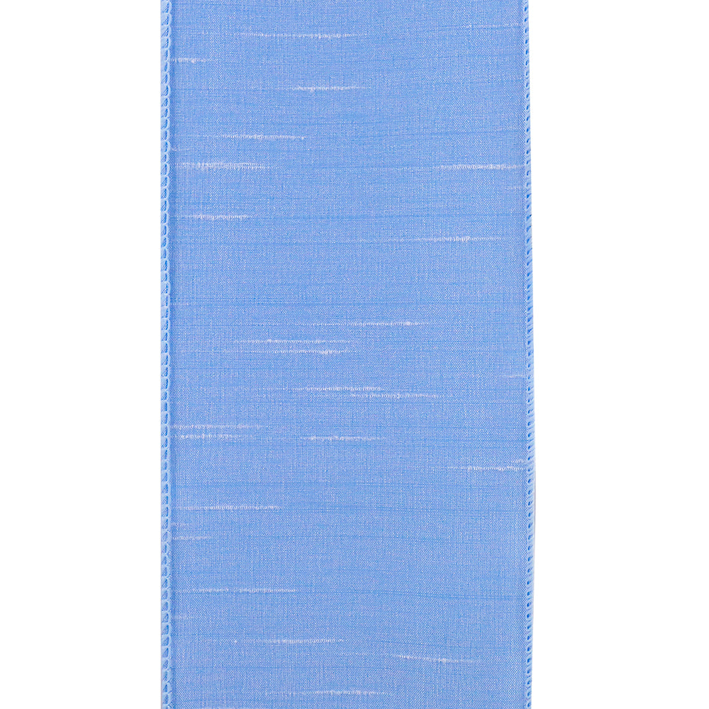 4 inch light blue Dupioni Supreme wired edge ribbon with a textured, slubbed finish.
