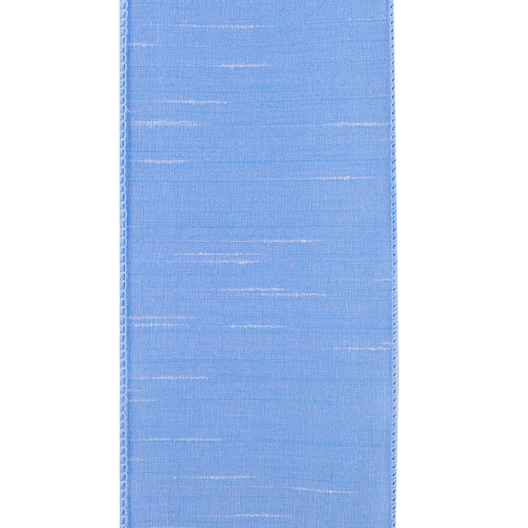 4 inch light blue Dupioni Supreme wired edge ribbon with a textured, slubbed finish.