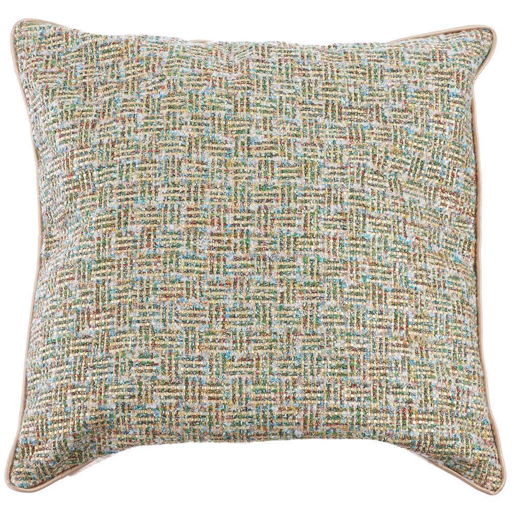 Metallic Knitting Yarn Pillow in green and gold with a textured weave and piped edges.