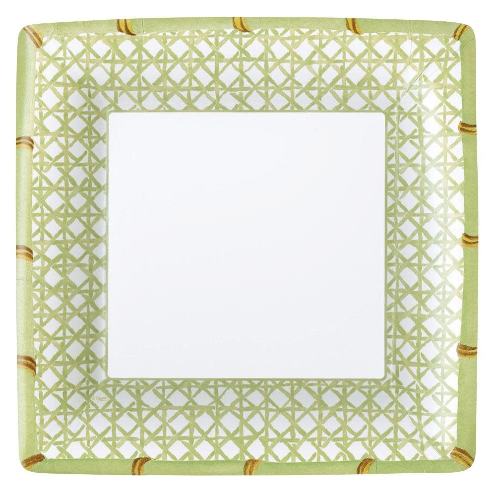 Square paper dinner plate with a green trellis pattern and a bamboo-style border.