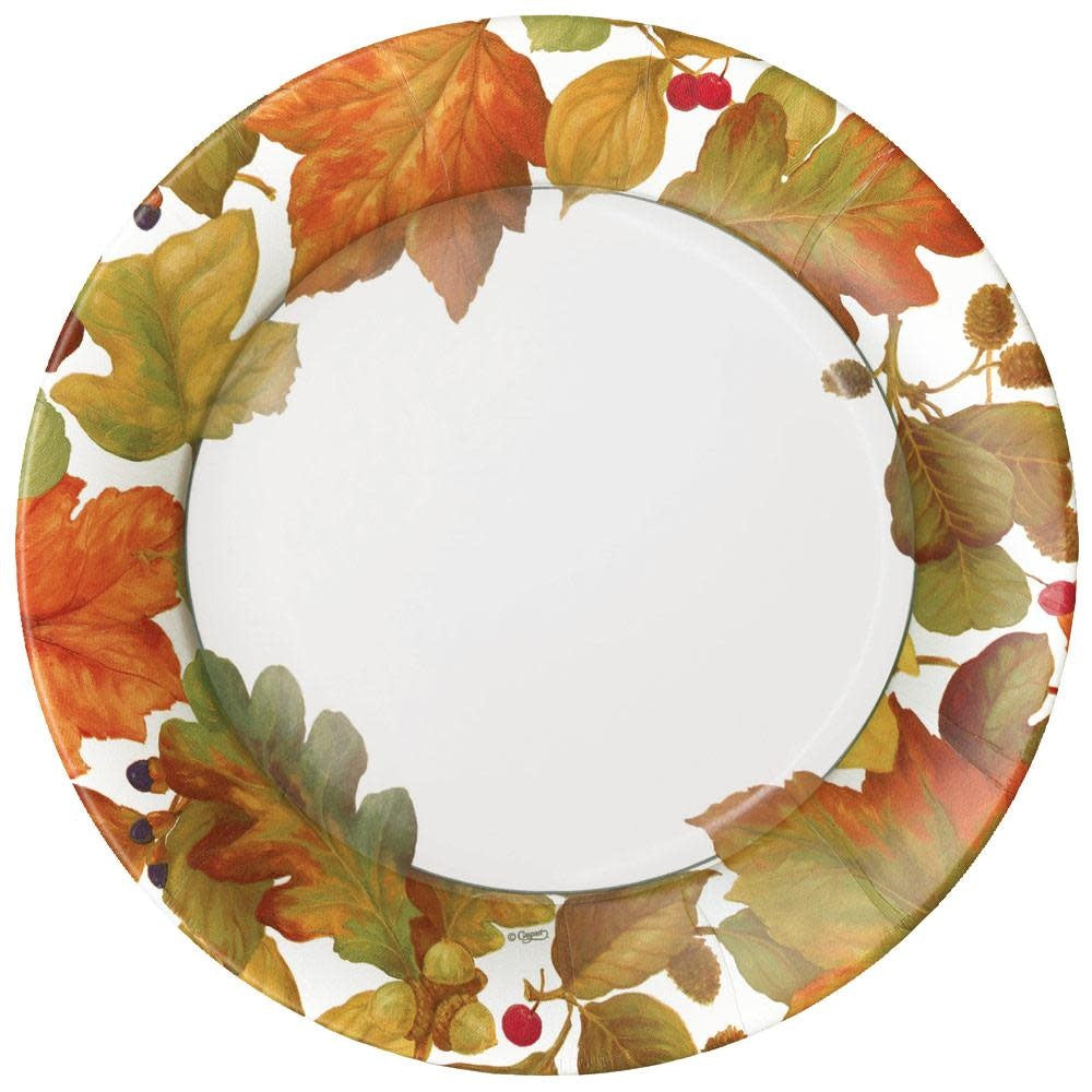 Pack of eight white paper dinner plates with a porcelain-style rim design.