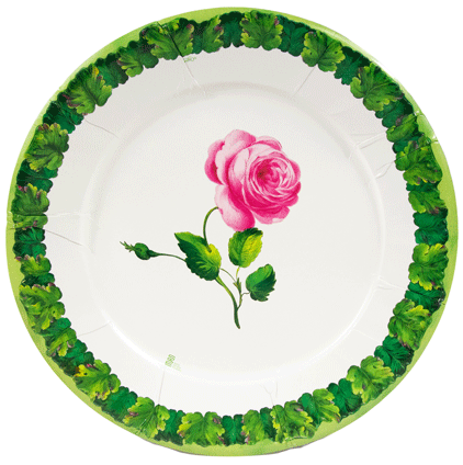Eight white paper dinner plates featuring a black floral botanical print with gold rim accents.