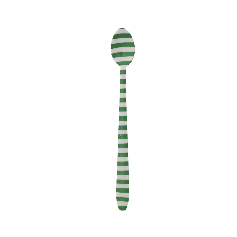 Long enameled stainless steel cocktail spoon with green and white horizontal stripes.