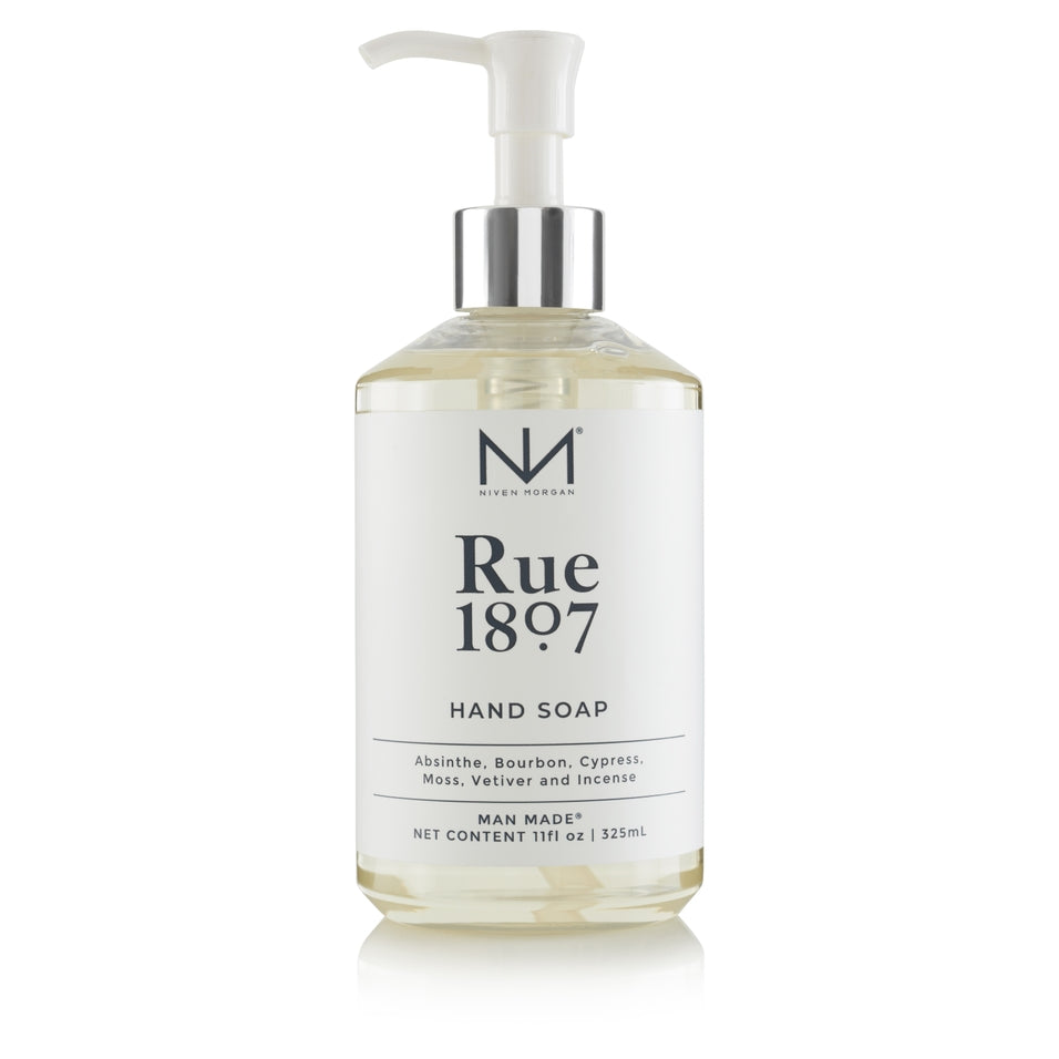 Bottle of Rue 1807 hand soap with a pump dispenser.