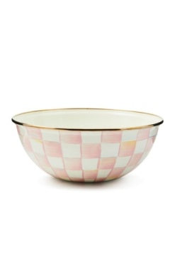 Rosy Check Everyday Bowl with hand-painted pink and white checks and a bronzed rim.