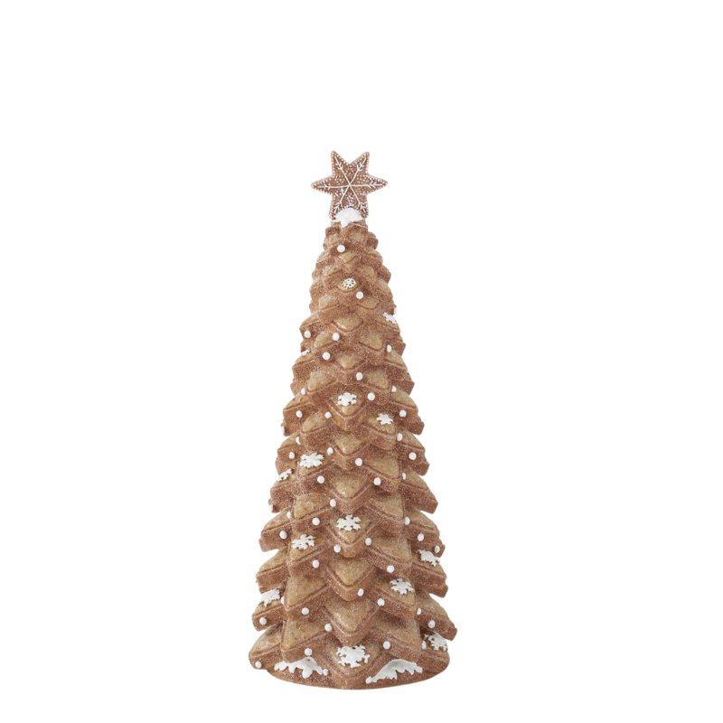Glittered resin gingerbread cookie tree with white snowflake accents and a star topper.