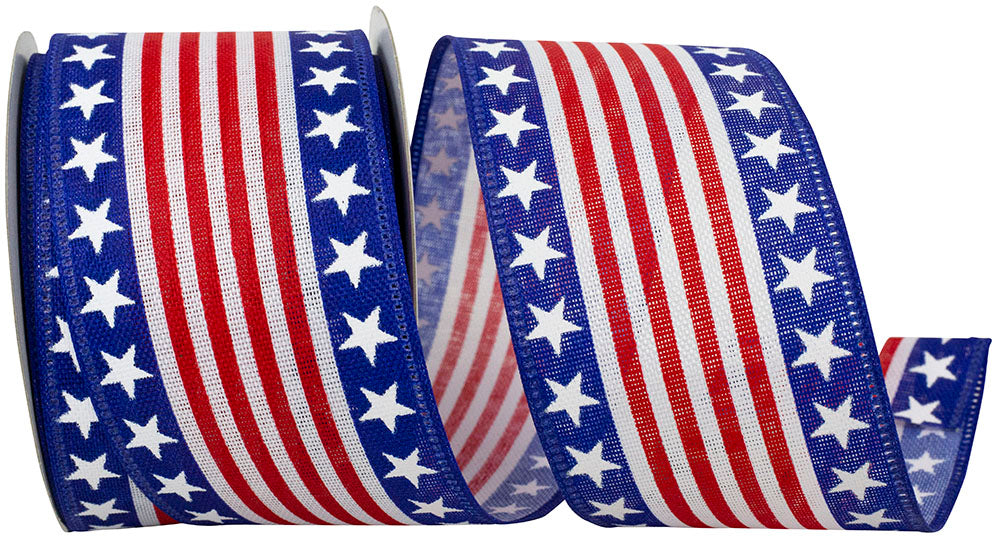 Linen wired edge trim with stars and stripes pattern in red white blue
