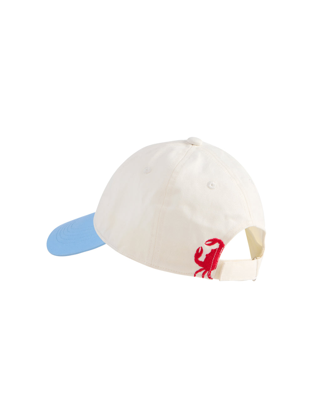 Back view of a white cotton ball cap with a light blue brim and a red crab embroidered on the side.