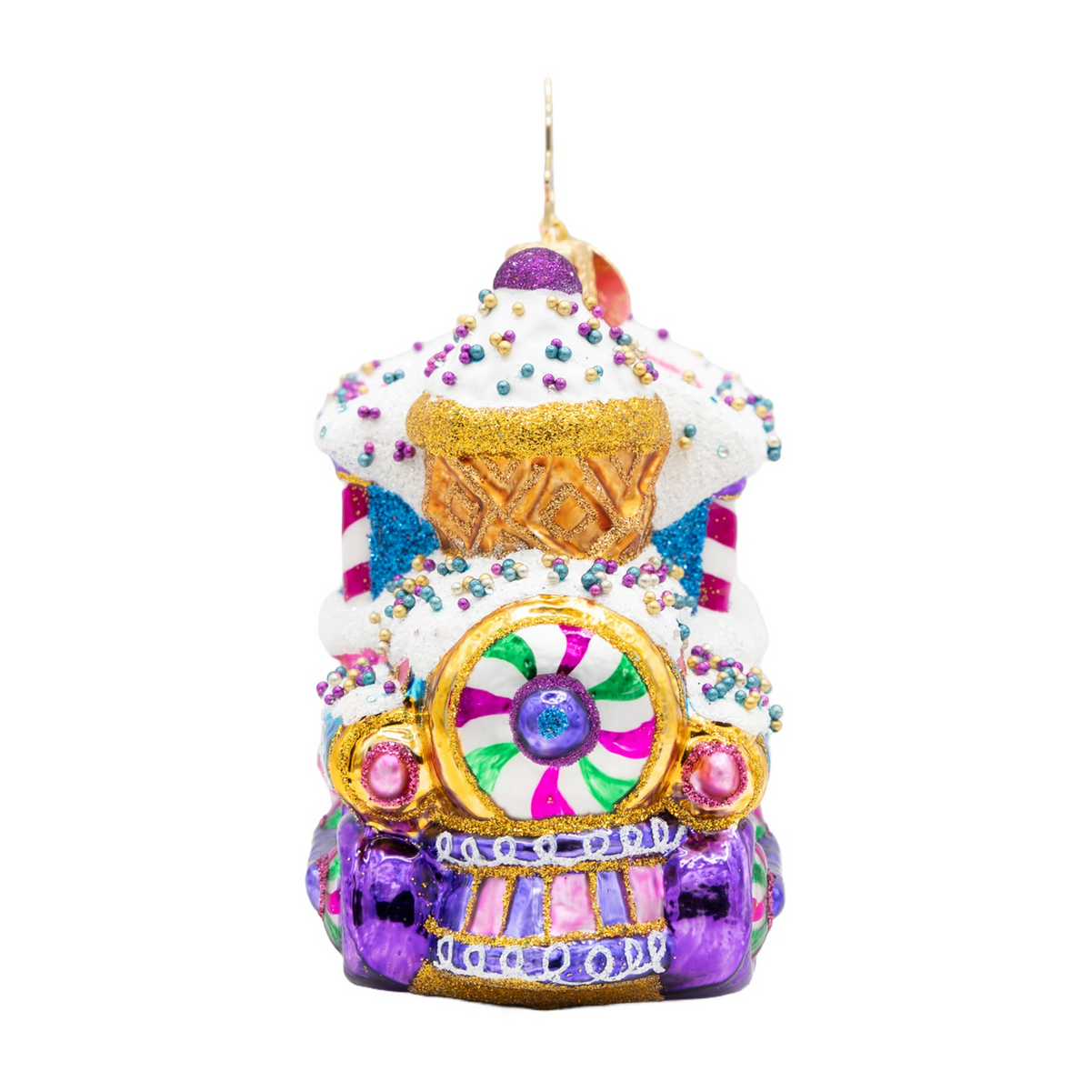 Sugar Rush Express Gem glass train ornament with candy-themed glitter and colorful confections.