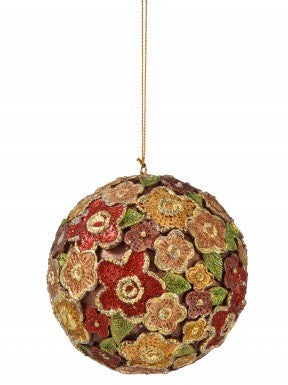 4-inch resin ball ornament with red, gold, and green beaded floral petals and a hanging string.