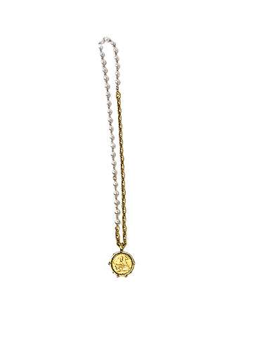 Pearl and gold chain necklace featuring a vintage horse coin medallion pendant.