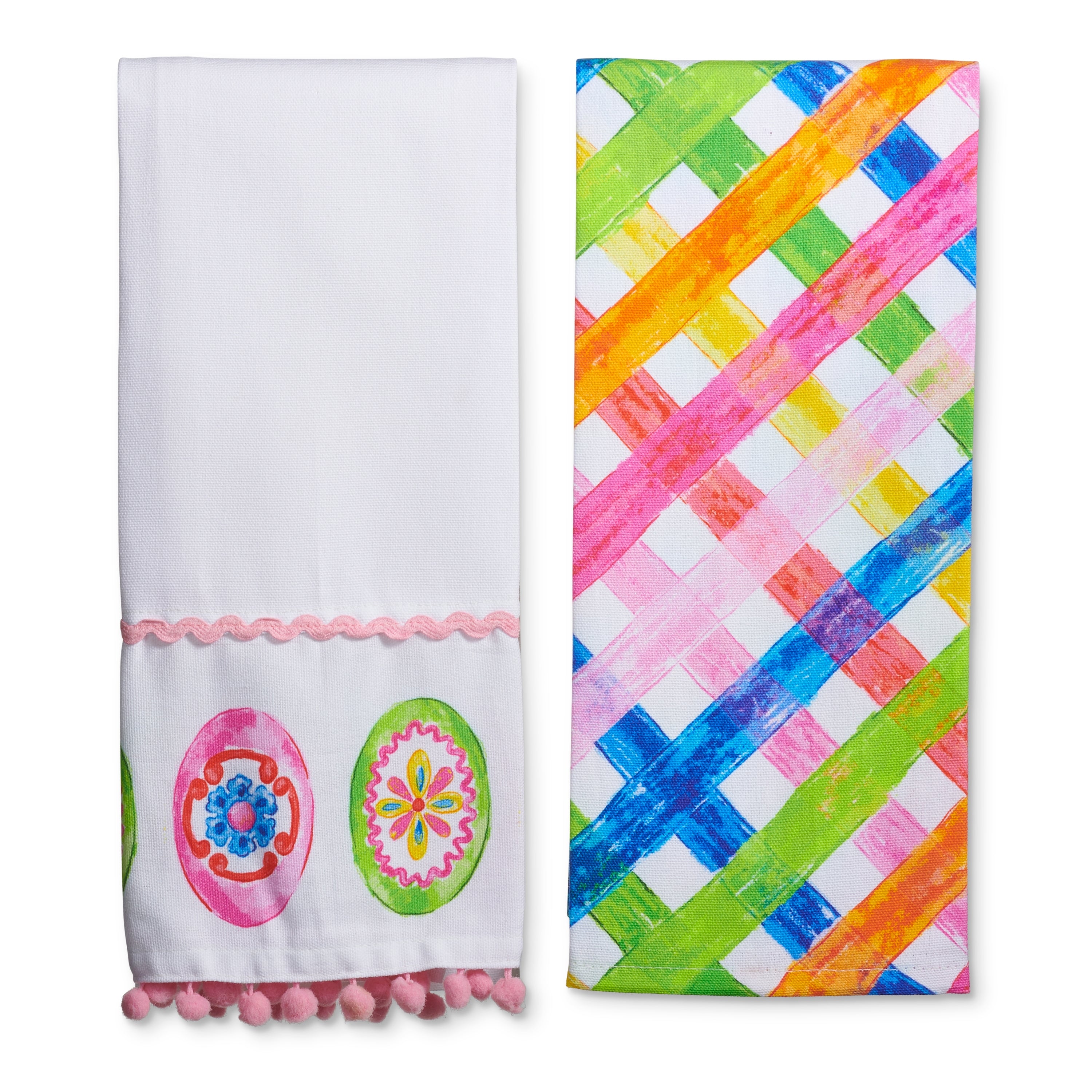 Tea towel with a sweet woven floral pattern on white cotton fabric.