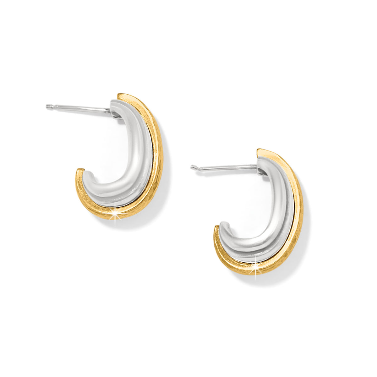 Silver-gold two-tone post hoop earrings with flat disc backs