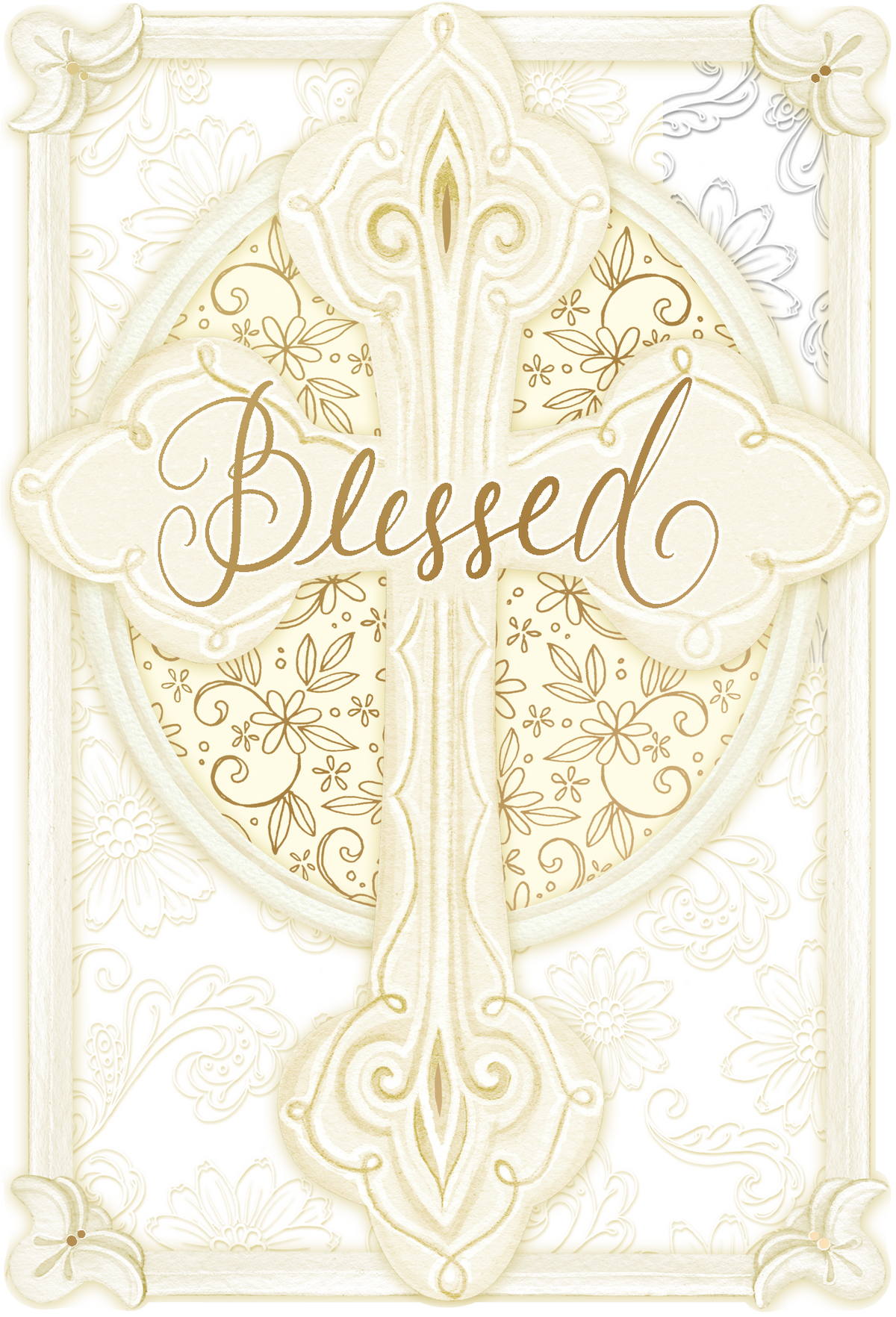 Cream cross with gold script 'Blessed' on floral background, framed by ornate border.