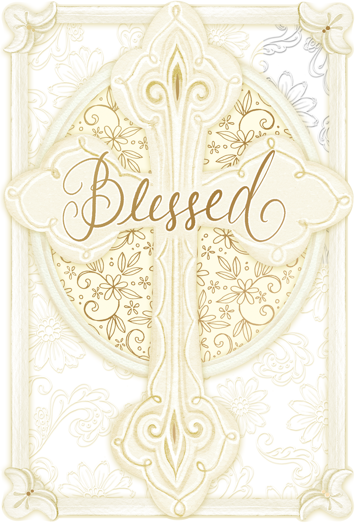 Cream cross with gold script 'Blessed' on floral background, framed by ornate border.