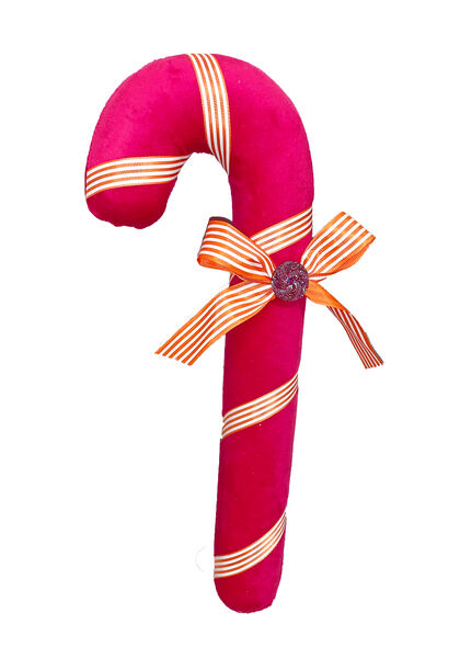 14-inch pink plush candy cane decoration with orange and white striped ribbon and a bow.