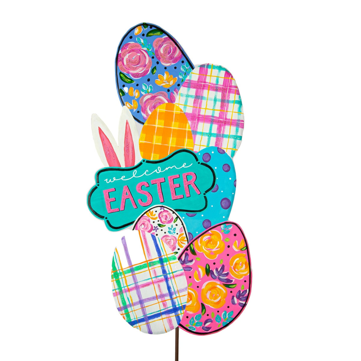 Artful Welcome Easter topiary with green foliage shaped into a tree silhouette.
