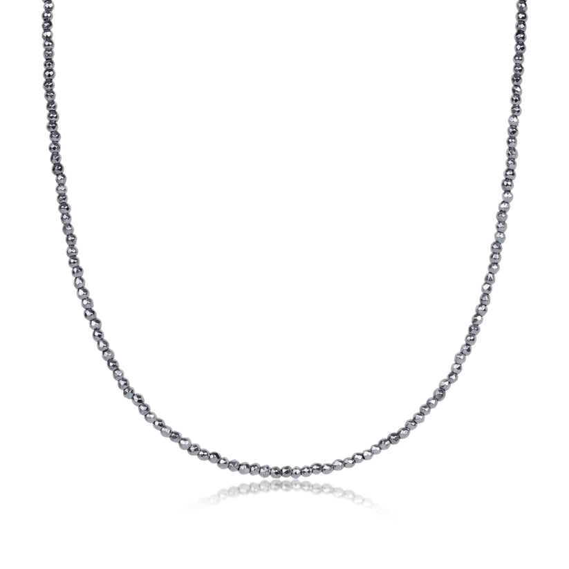 17 inch choker necklace featuring 2mm faceted silver hematite beads.