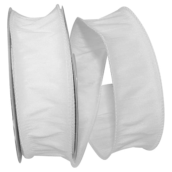 1.5-inch wide white Dupioni ribbon with a wired edge, shown in a folded loop silhouette.