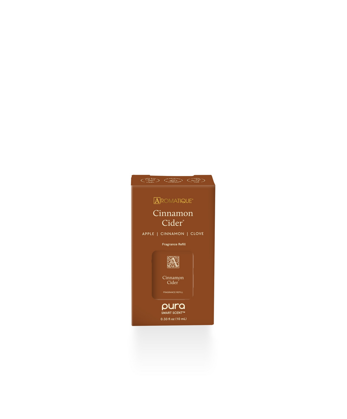 Aromatique Cinnamon Cider Pura Smart Scent fragrance refill in a brown box.