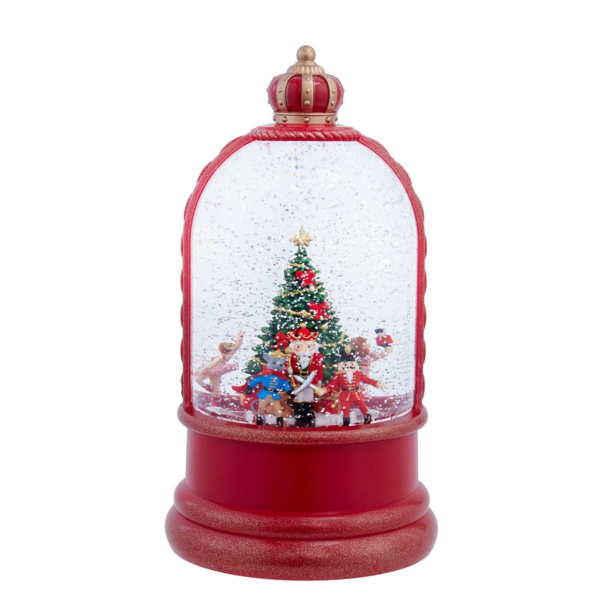 LED Nutcracker Suite and Christmas tree water dome with swirling glitter and a red crown top.