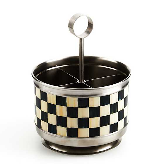Courtly Check Supper Club Flatware Caddy with black and white checkered pattern and metal handle.